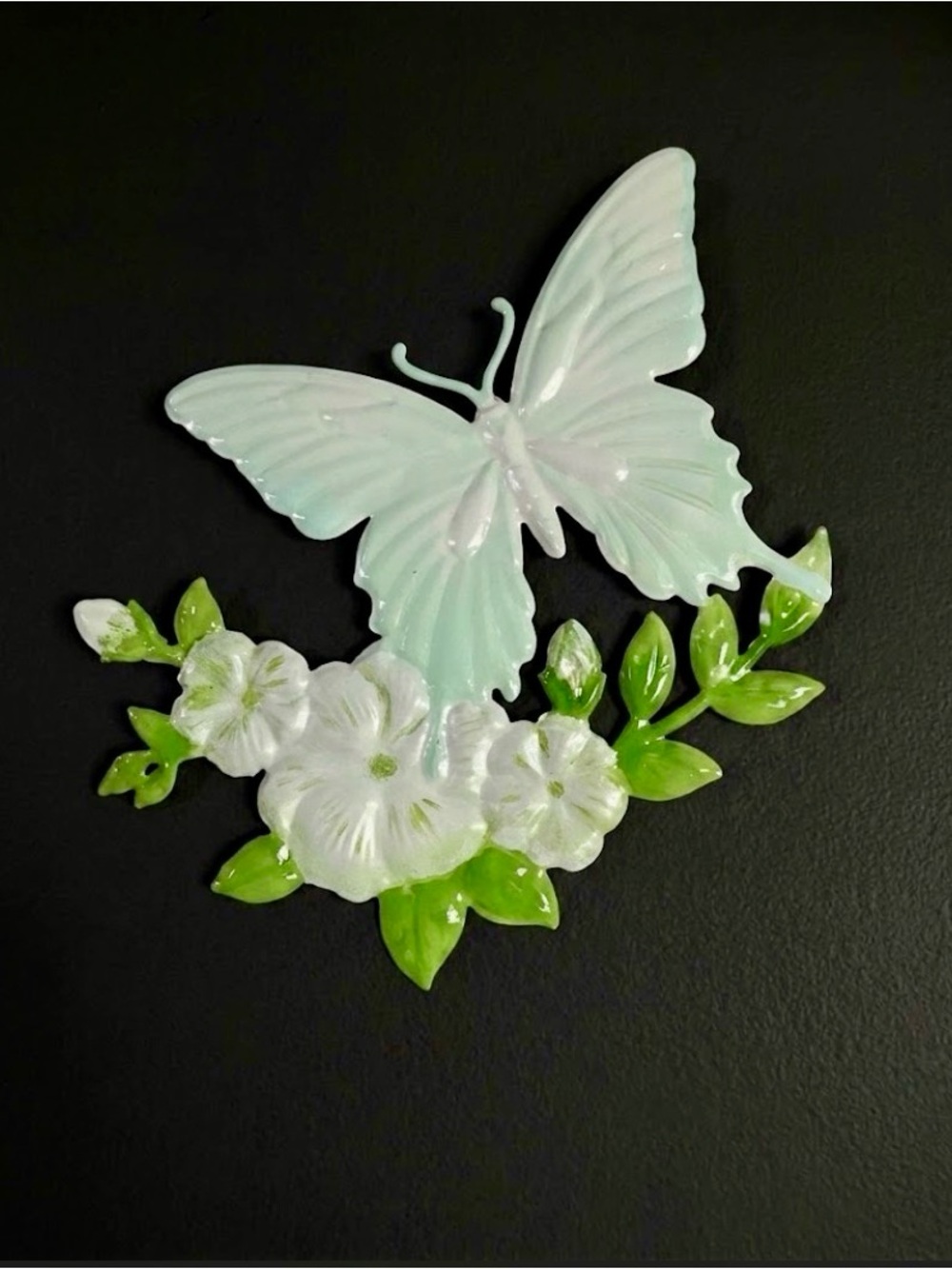 Handcrafted Mint Butterfly Wall Art with White Flowers - Unbranded